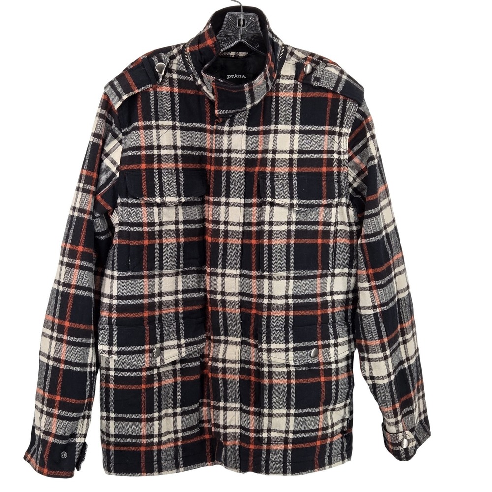 PrAna Jacket Mens Medium Black Plaid Lined Insulated Military Flannel Utility